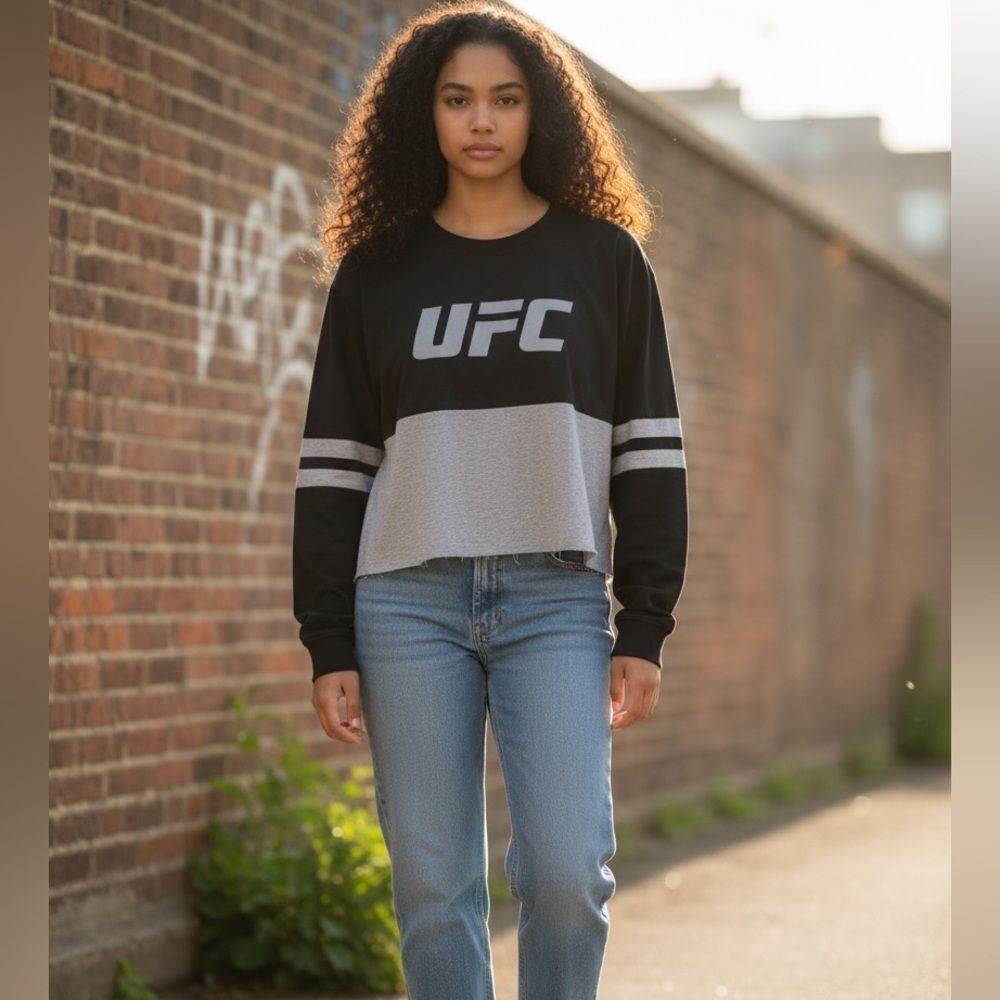 NWT Boxercraft Women’s Gray Black UFC Long Sleeve Crop Top - Size Large